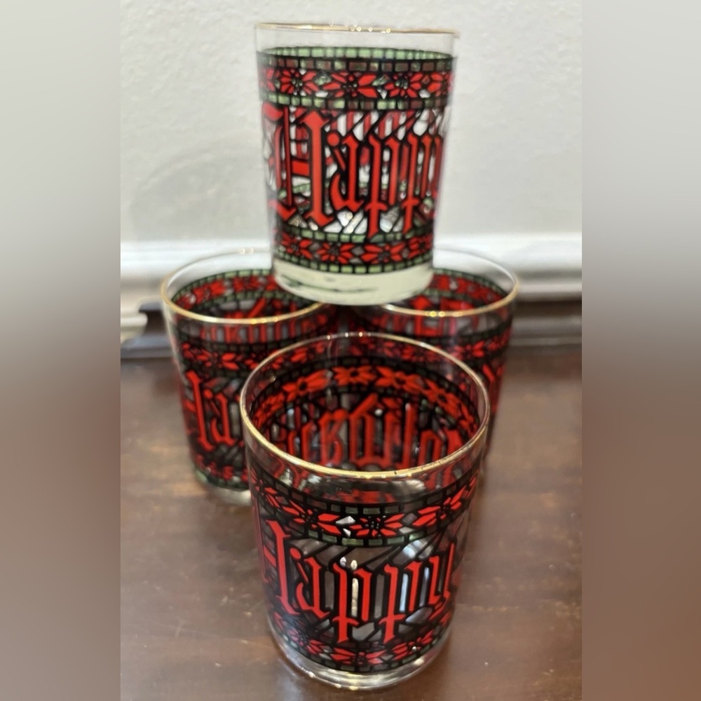 HOUZE Vintage Happy Holidays Rocks Glasses Tumblers Set of 4 Mint